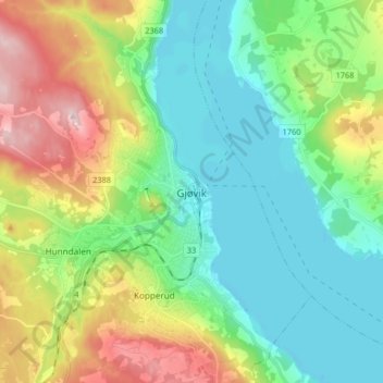 Mapa topográfico Gjøvik, altitud, relieve