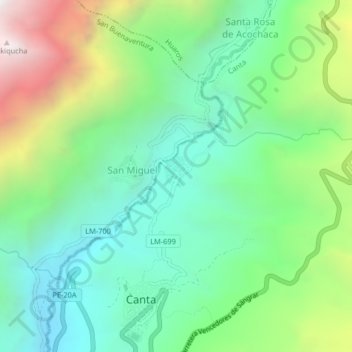 Mapa topográfico Obrajillo, altitud, relieve