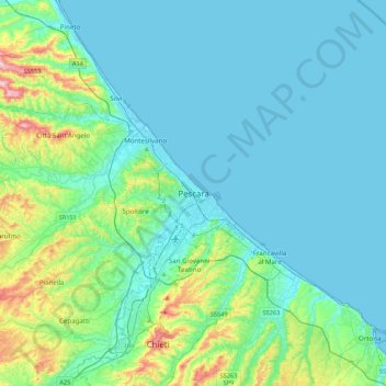 Mapa topográfico Pescara, altitud, relieve