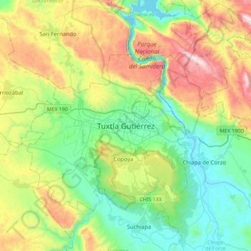 Mapa topográfico Tuxtla Gutiérrez, altitud, relieve