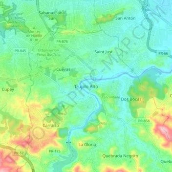 Mapa topográfico Trujillo Alto, altitud, relieve