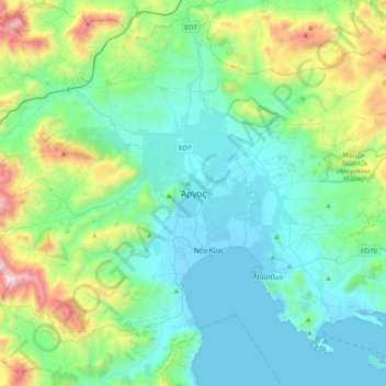 Mapa topográfico Άργος, altitud, relieve