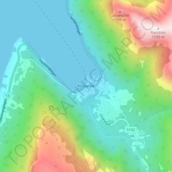 Mapa topográfico Kinsarvik, altitud, relieve