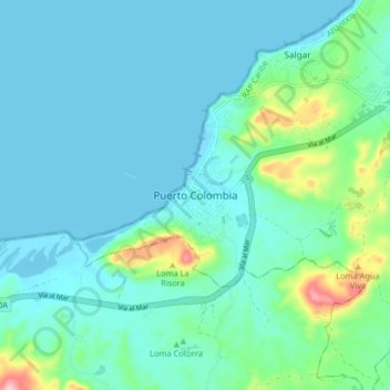 Mapa topográfico Puerto Colombia, altitud, relieve