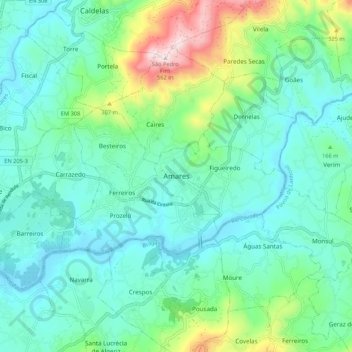 Mapa topográfico Amares, altitud, relieve