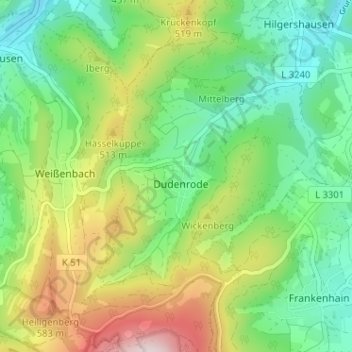 Mapa topográfico Dudenrode, altitud, relieve