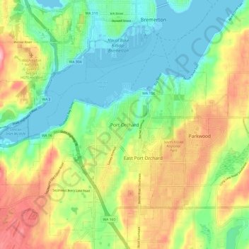 Mapa topográfico Port Orchard, altitud, relieve