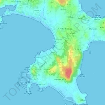 Mapa topográfico Cariño, altitud, relieve