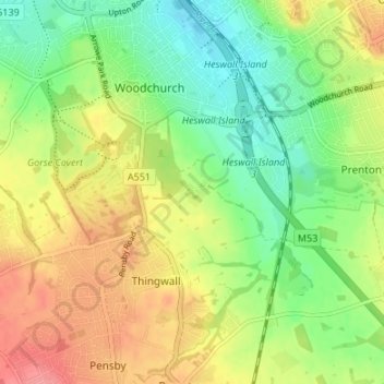 Mapa topográfico Landican, altitud, relieve