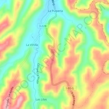 Mapa topográfico Cuesta Los Leones, altitud, relieve