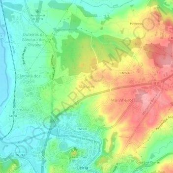 Mapa topográfico Marrazes, altitud, relieve