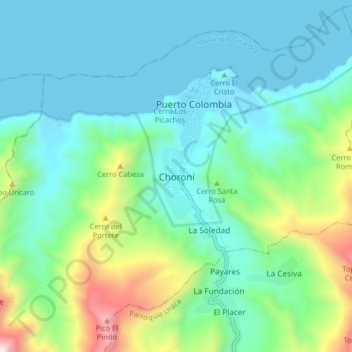 Mapa topográfico Choroní, altitud, relieve
