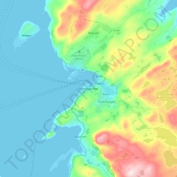 Mapa topográfico Hammerfest, altitud, relieve