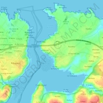 Mapa topográfico Granda, altitud, relieve
