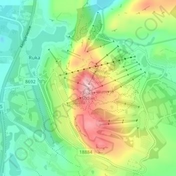 Mapa topográfico Ruka, altitud, relieve