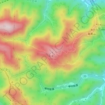 Mapa topográfico 高尾山, altitud, relieve
