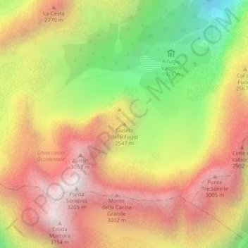 Mapa topográfico Gusela del Rifugio, altitud, relieve