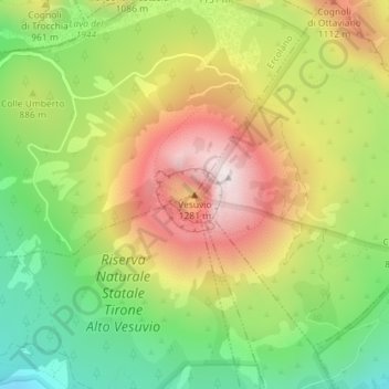 Mapa topográfico Monte Vesubio, altitud, relieve