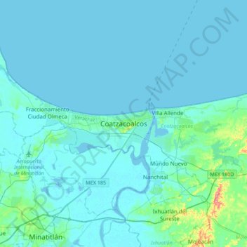 Mapa topográfico Coatzacoalcos, altitud, relieve