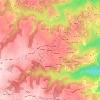 Mapa topográfico Coussas, altitud, relieve