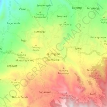 Mapa topográfico Bumijawa, altitud, relieve