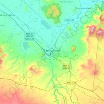Mapa topográfico San Juan del Río, altitud, relieve