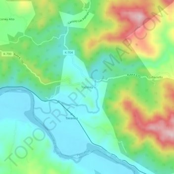 Mapa topográfico Toconey, altitud, relieve