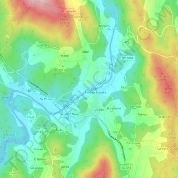 Mapa topográfico A Ponte Maceira, altitud, relieve