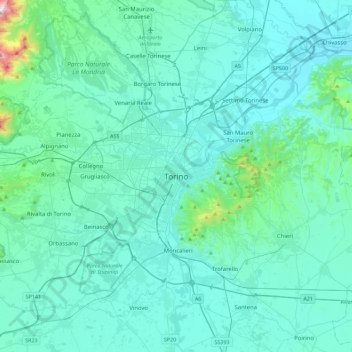 Mapa topográfico Turín, altitud, relieve