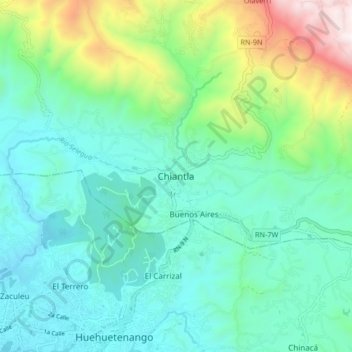 Mapa topográfico Chiantla, altitud, relieve