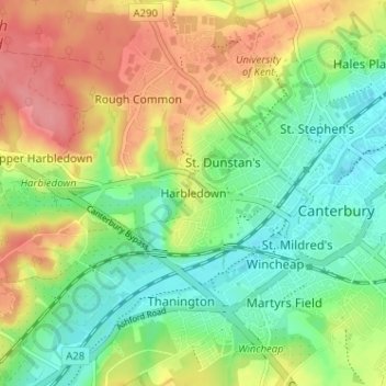 Mapa topográfico Harbledown, altitud, relieve