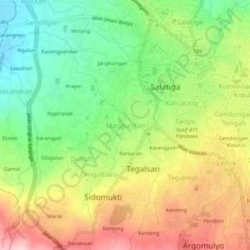 Mapa topográfico Mangunsari, altitud, relieve