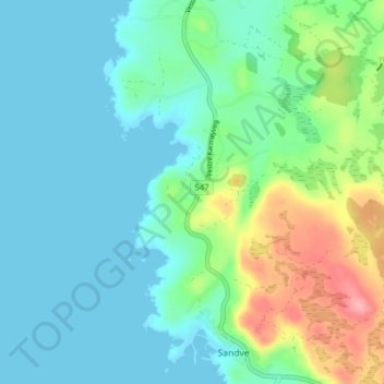Mapa topográfico Sandhåland, altitud, relieve