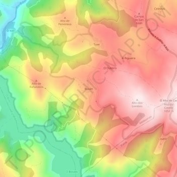 Mapa topográfico Buxán, altitud, relieve