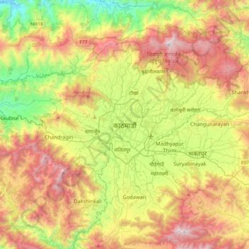 Mapa topográfico Katmandú, altitud, relieve