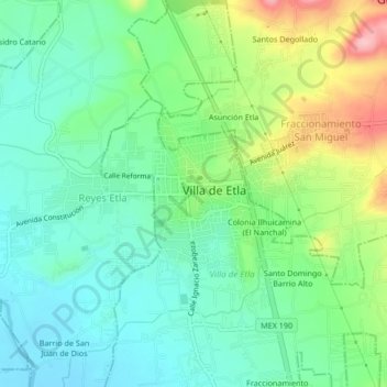 Mapa topográfico Etla, altitud, relieve