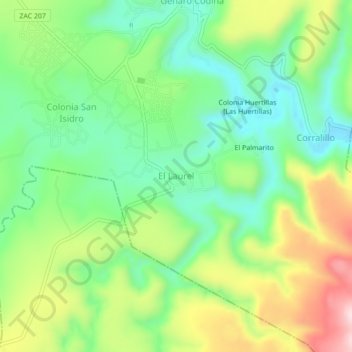 Mapa topográfico El Laurel, altitud, relieve