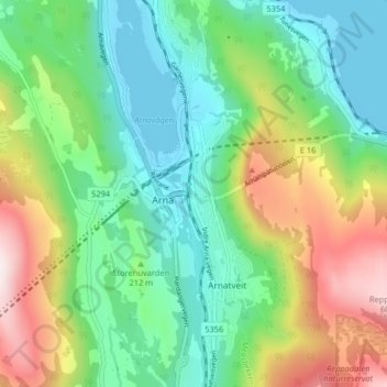 Mapa topográfico Indre Arna, altitud, relieve