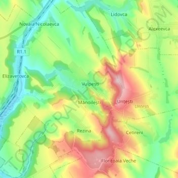 Mapa topográfico Mănoilești, altitud, relieve