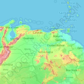 Mapa topográfico Venezuela, altitud, relieve