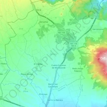 Mapa topográfico Diriomo, altitud, relieve