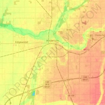 Mapa topográfico Anderson, altitud, relieve