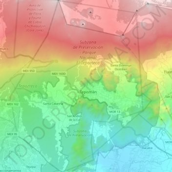 Mapa topográfico Tepoztlán, altitud, relieve