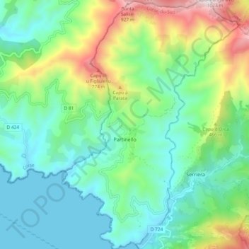 Mapa topográfico Partinello, altitud, relieve