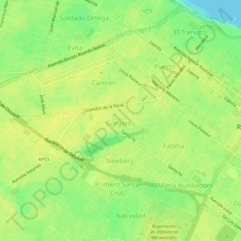 Mapa topográfico Gregores, altitud, relieve