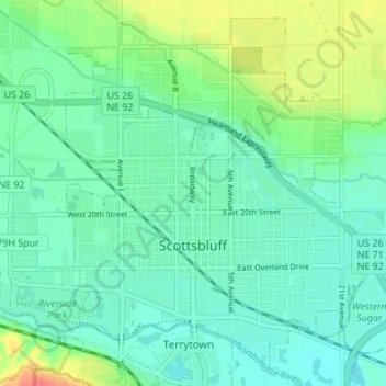 Mapa topográfico Scottsbluff, altitud, relieve