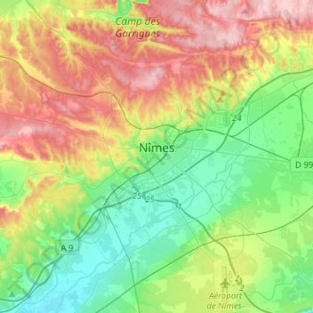 Mapa topográfico Nîmes, altitud, relieve