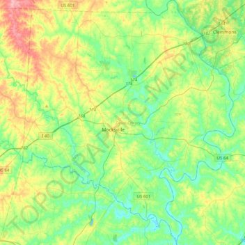 Mapa topográfico Davie County, altitud, relieve