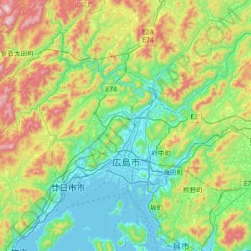 Mapa topográfico Hiroshima, altitud, relieve