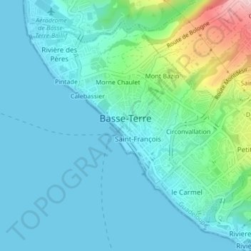 Mapa topográfico Basse-Terre, altitud, relieve